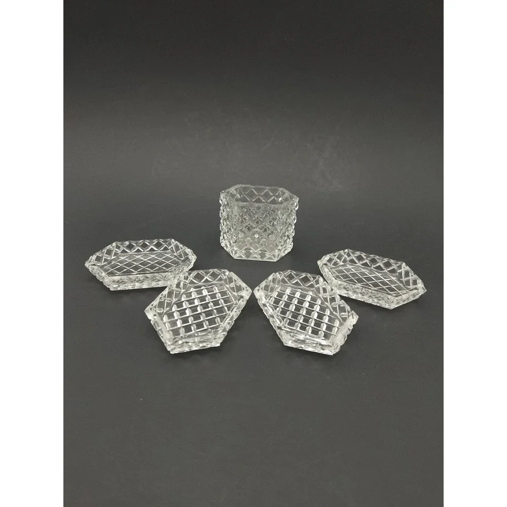 Vtg Set Of 4 Diamond Pattern Small Ashtrays Or Salt Cellars W/ Toothpick Holder‎